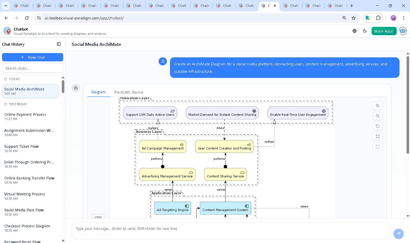 Screenshot of the Visual Paradigm AI Chatbot interface showing the conversation history and real-time diagram generation for a social media platform architecture.