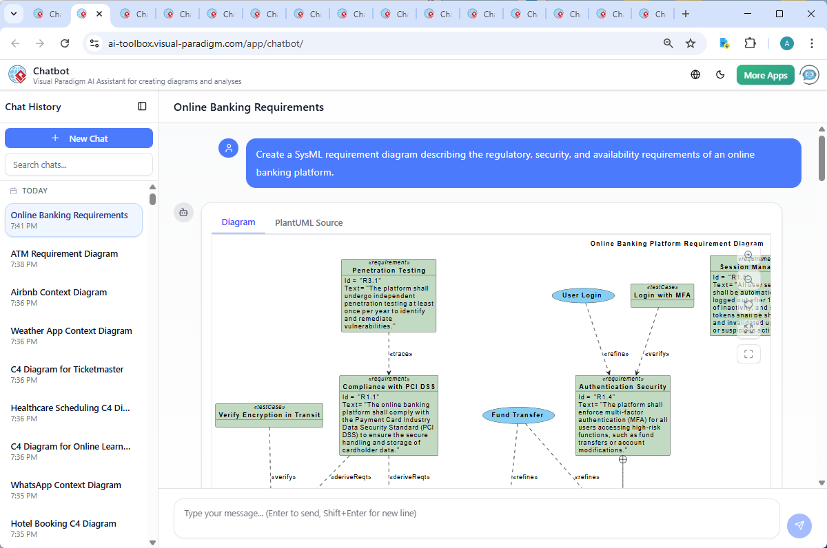 Screenshot of the Visual Paradigm AI Chatbot interface showing a conversation about audit logging implementation, with real-time diagram updates and technical explanations.