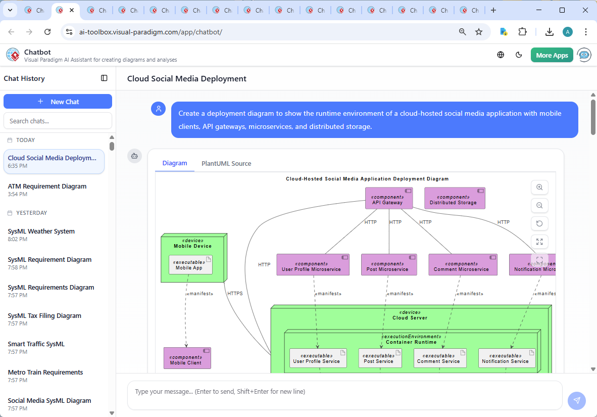 Screenshot of the Visual Paradigm AI Chatbot interface showing a live conversation about the deployment diagram, with follow-up questions on HTTPS security and modeling logic.