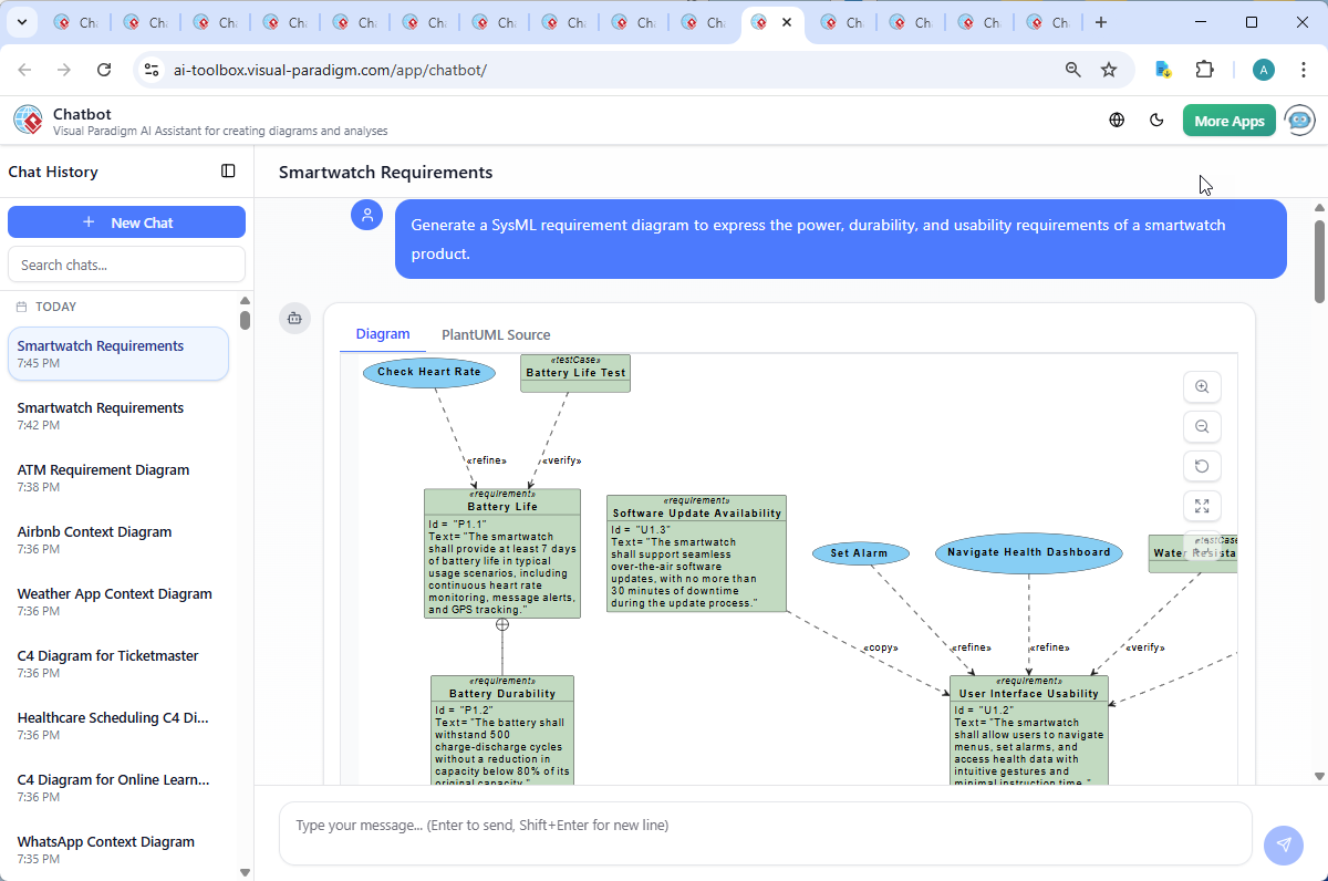 Screenshot of the Visual Paradigm AI Chatbot interface showing a live conversation about smartwatch requirements, including follow-up queries and diagram refinements.