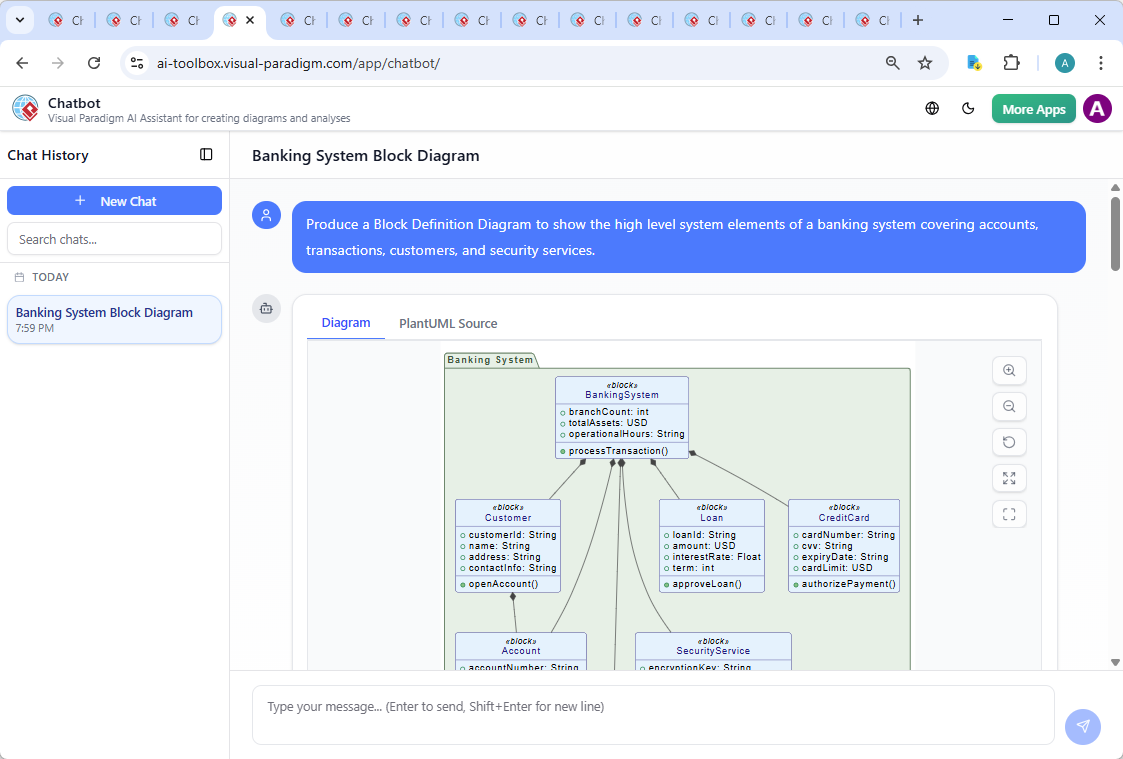 Screenshot of the Visual Paradigm AI Chatbot interface showing the conversation history and real-time diagram generation for a banking system BDD.