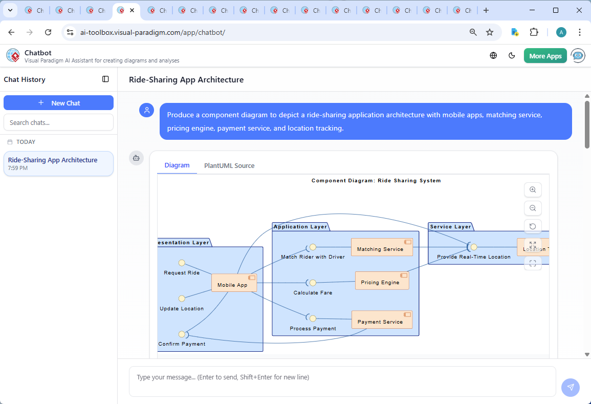 Screenshot of the Visual Paradigm AI Chatbot interface, showing a live conversation where the user asks about data requirements for the pricing engine, and the AI provides a detailed, context-rich response.