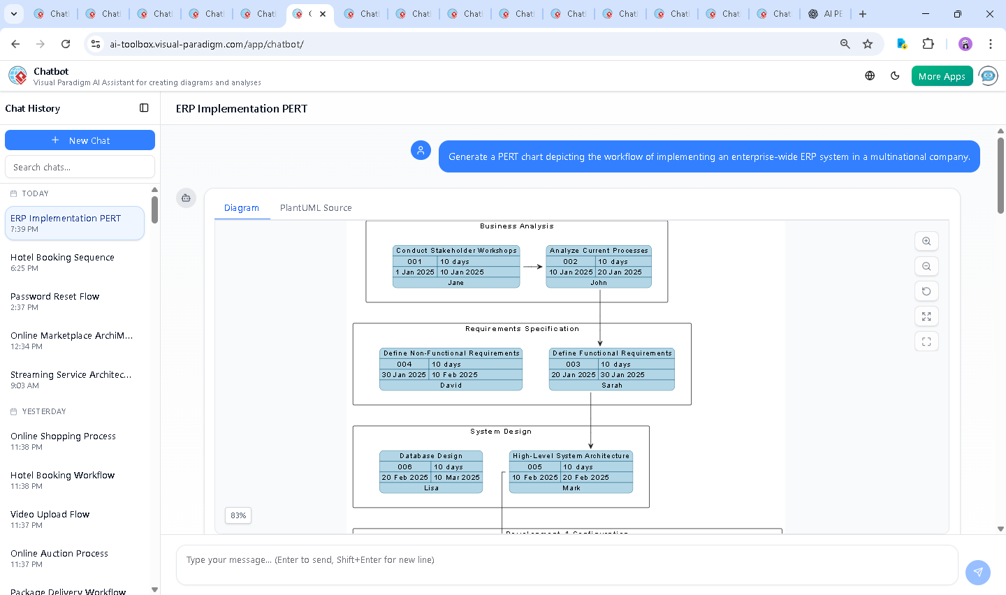 Screenshot of the Visual Paradigm AI Chatbot interface during a conversation about ERP implementation, showing real-time model refinement and expert guidance on data integrity and task dependencies.