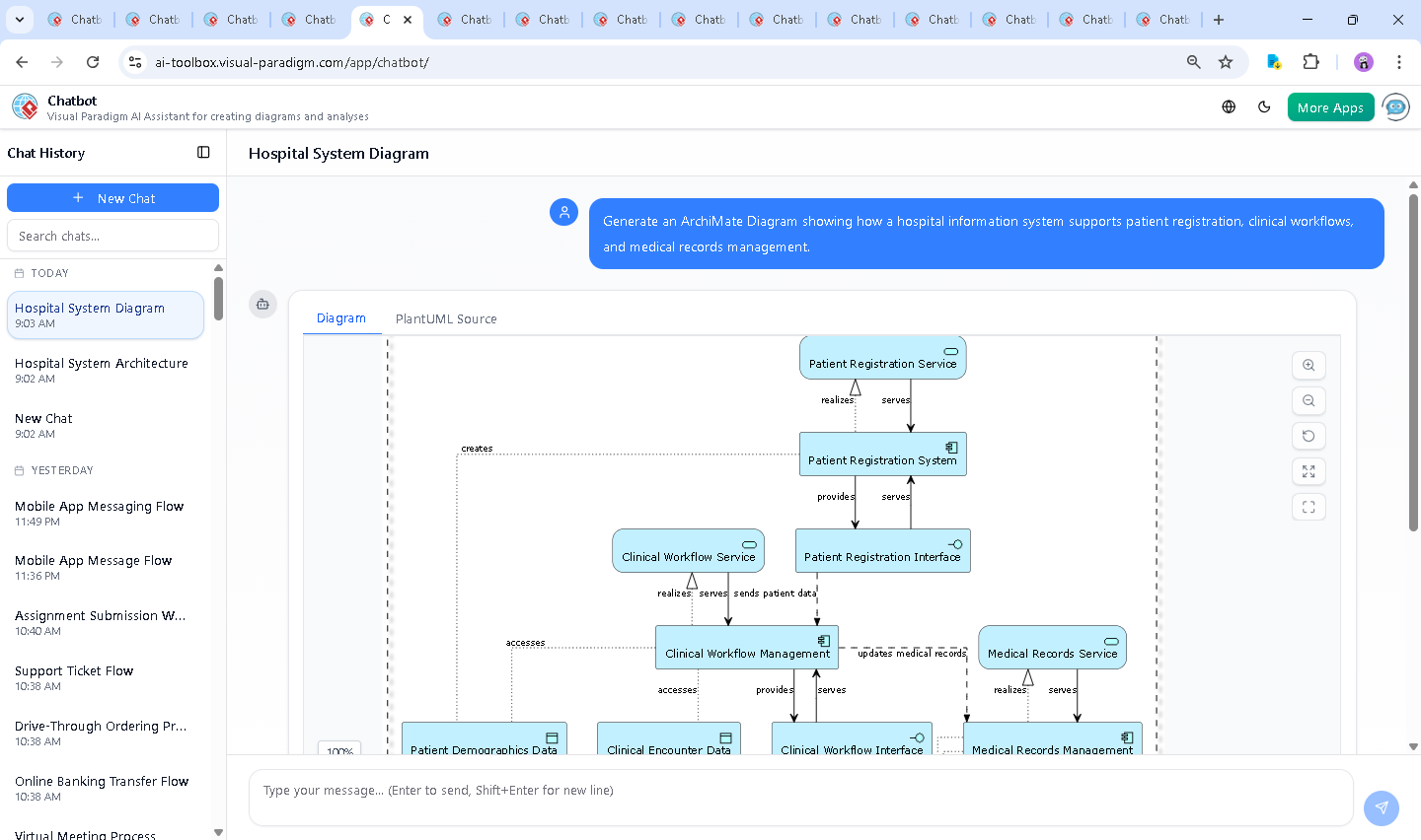 Screenshot of the Visual Paradigm AI Chatbot interface during the interactive session, demonstrating real-time model refinement and conversational design of the hospital information system ArchiMate diagram.