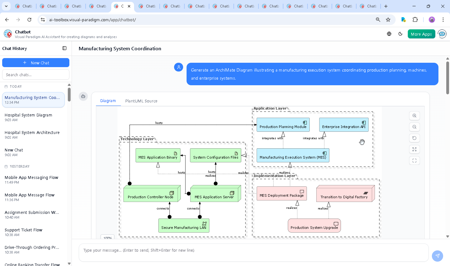 Screenshot of the Visual Paradigm AI Chatbot interface showing a conversation about data integrity in a manufacturing LAN, with the user asking a technical follow-up and the AI providing a detailed, architecture-aware response.