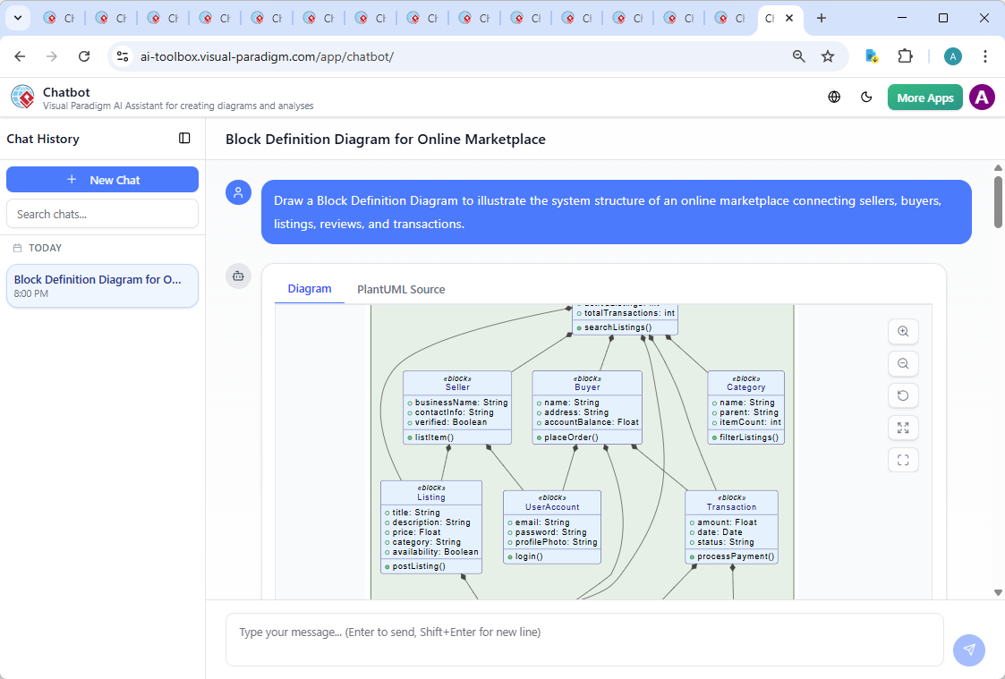 Screenshot of the Visual Paradigm AI Chatbot interface showing the conversation history, diagram generation, and real-time feedback between user and AI model.