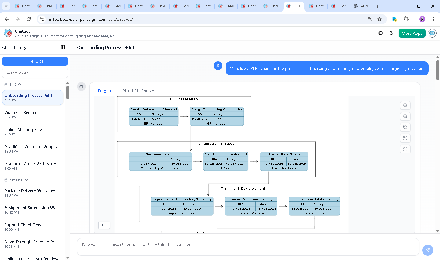 Screenshot of the Visual Paradigm AI Chatbot interface showing a real-time conversation about a PERT chart, with task breakdowns, dependencies, and follow-up queries.