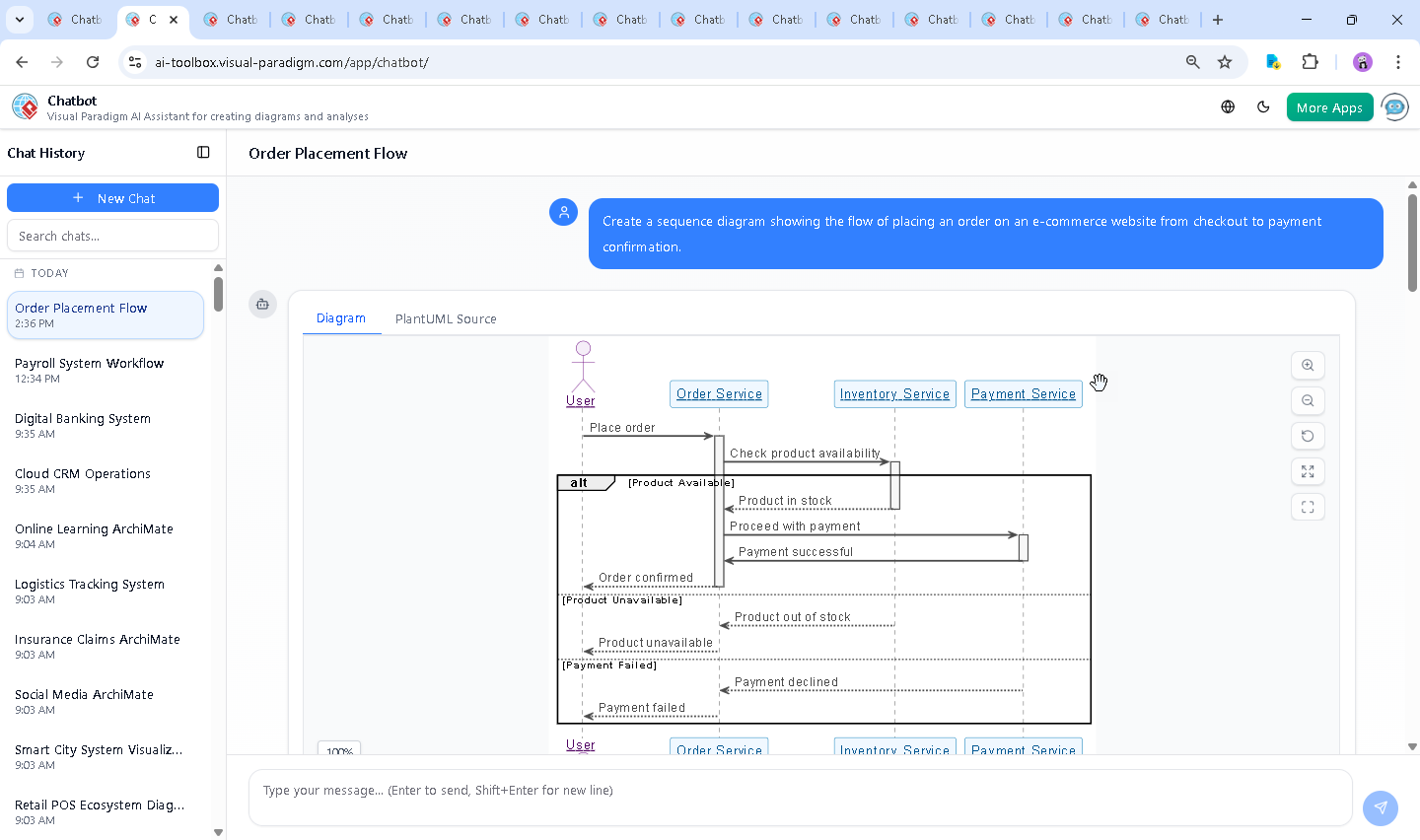 Screenshot of the Visual Paradigm AI Chatbot interface showing a live conversation about an e-commerce order flow, with the sequence diagram and follow-up explanations.