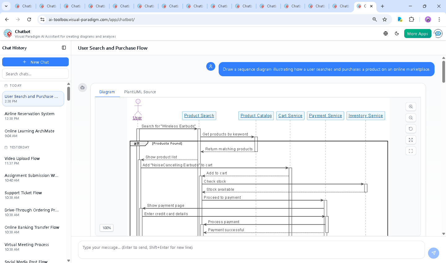Screenshot of the Visual Paradigm AI Chatbot interface showing a live conversation where a user requests a sequence diagram, receives a detailed explanation, and refines the logic through follow-up queries.