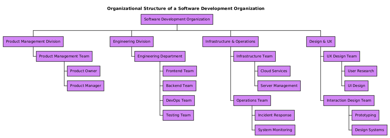 AI-generated organization chart visualizing roles and reporting lines in a software development organization, structured into divisions including Product Management, Engineering, Infrastructure & Operations, and Design & UX.