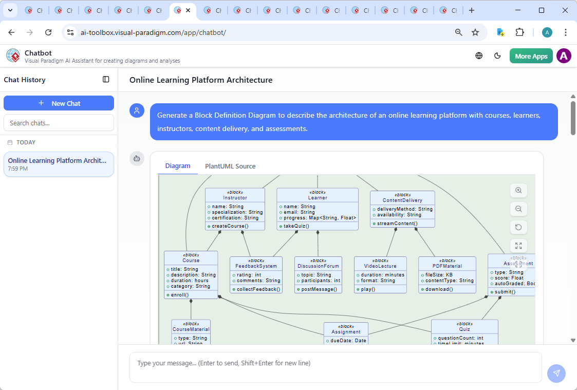 Screenshot of the Visual Paradigm AI Chatbot interface showing the conversation history, including the user’s request and the AI’s detailed explanation of the FeedbackSystem interaction.