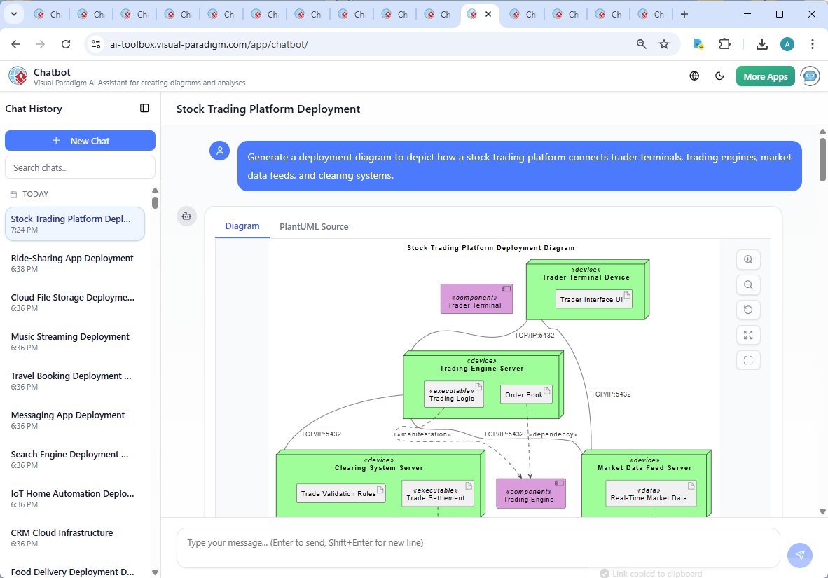 Screenshot of the Visual Paradigm AI Chatbot interface during a conversation about a stock trading platform deployment diagram, demonstrating real-time collaboration and model refinement.