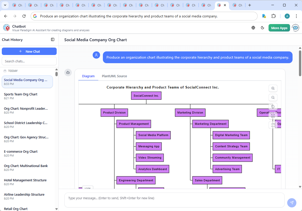 Screenshot of the Visual Paradigm AI Chatbot interface showing a real-time conversation about the DevOps & Cloud team's responsibilities, demonstrating conversational modeling intelligence.