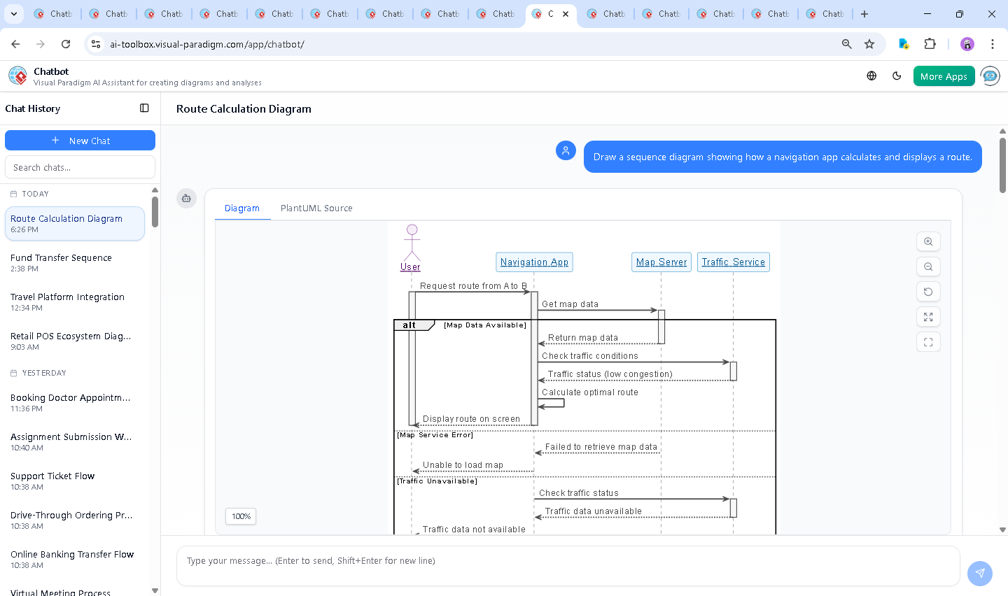 Screenshot of the Visual Paradigm AI Chatbot interface showing a conversation about map data structure and retrieval in a navigation app.