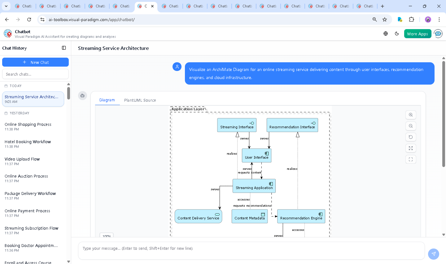 Screenshot of the Visual Paradigm AI Chatbot interface showing a live conversation about modeling an online streaming service architecture.