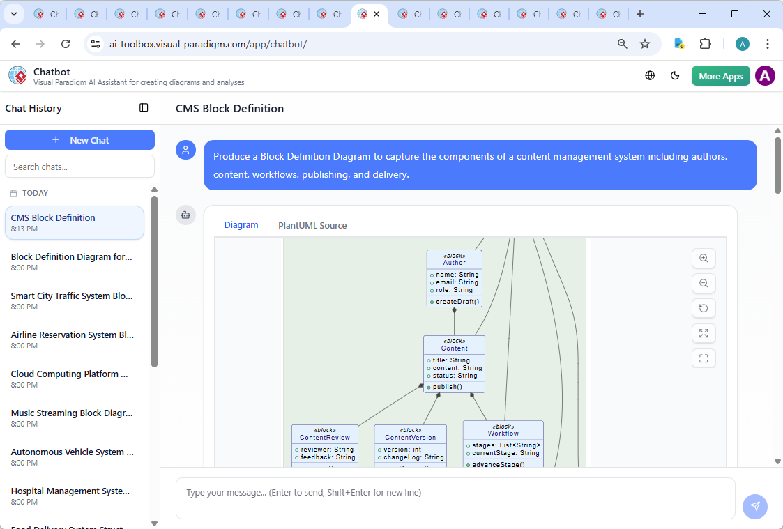 Screenshot of the Visual Paradigm AI Chatbot interface showing a live conversation about the Content Management System diagram, including follow-up questions and AI-generated explanations.