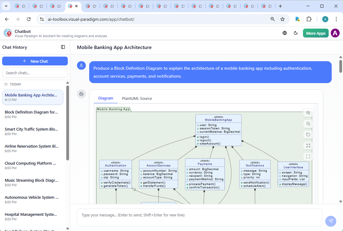 Screenshot of the Visual Paradigm AI Chatbot interface showing a conversation where the user requests a Block Definition Diagram and receives a detailed explanation with iterative refinements.