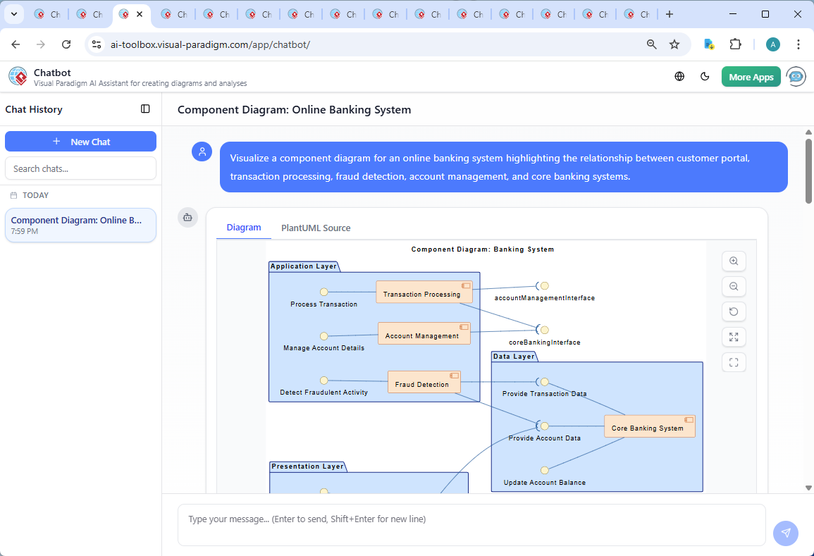 Screenshot of the Visual Paradigm AI Chatbot interface showing the conversation history and real-time diagram generation for the banking system component diagram.
