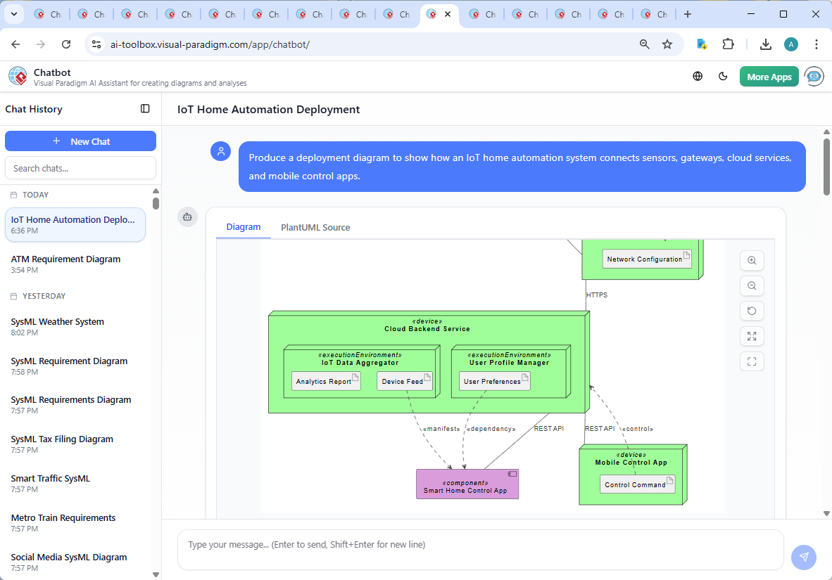 Screenshot of the Visual Paradigm AI Chatbot interface showing a conversation about MQTT usage in an IoT deployment diagram, with follow-up questions and technical explanations.