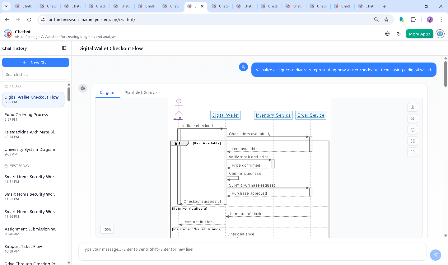 Screenshot of the Visual Paradigm AI Chatbot interface showing the conversation history, diagram generation, and real-time explanation of the sequence diagram for digital wallet checkout.