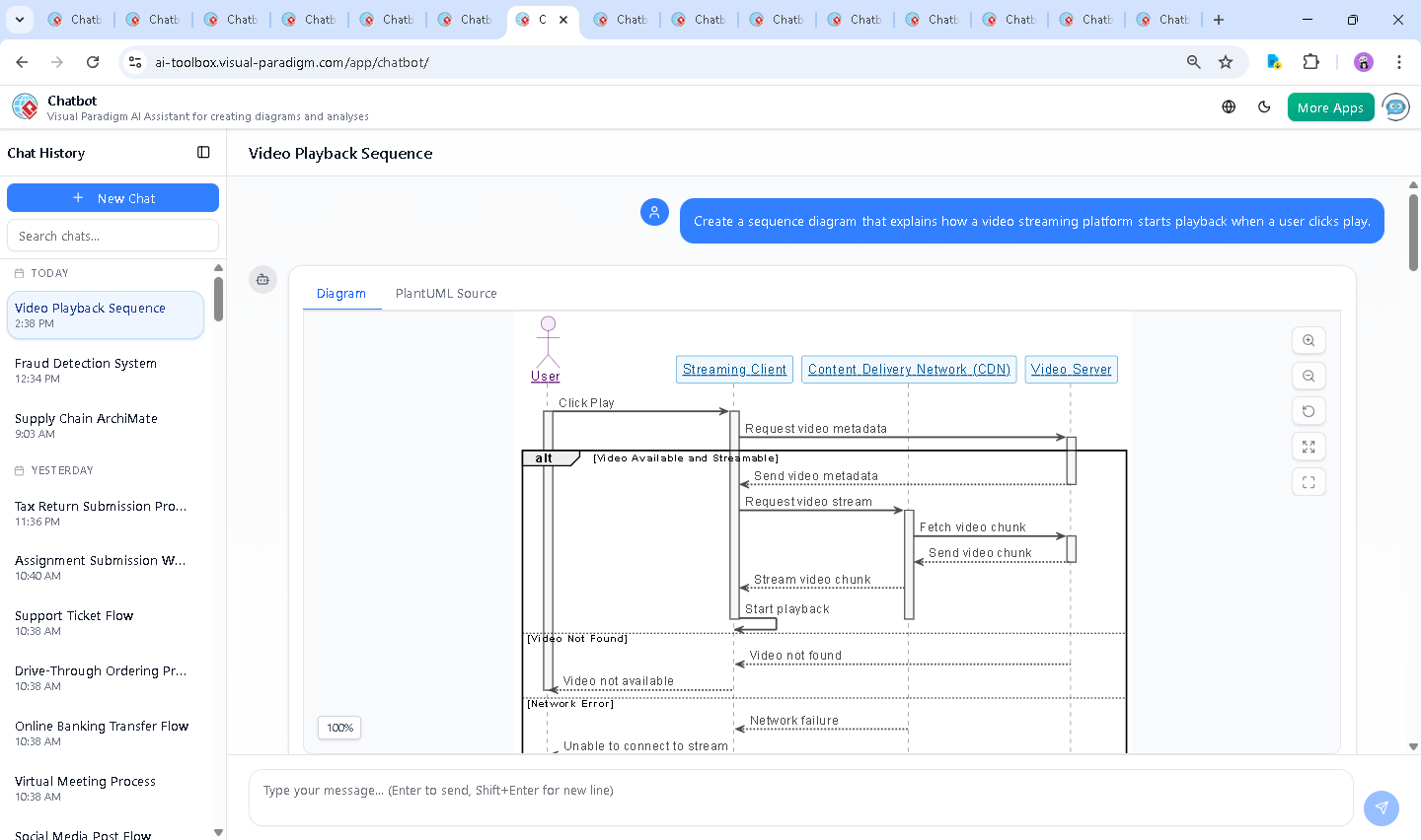Screenshot of the Visual Paradigm AI Chatbot interface showing a live conversation about video streaming, with the user asking for metadata details and the AI responding with structured JSON and diagram logic.