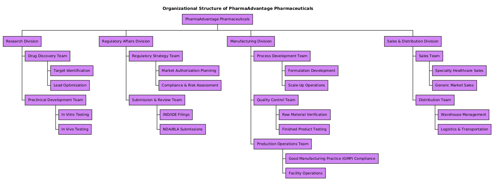 AI-generated organization chart of PharmaAdvantage Pharmaceuticals, showing four core divisions: Research, Regulatory Affairs, Manufacturing, and Sales & Distribution, with hierarchical team breakdowns.