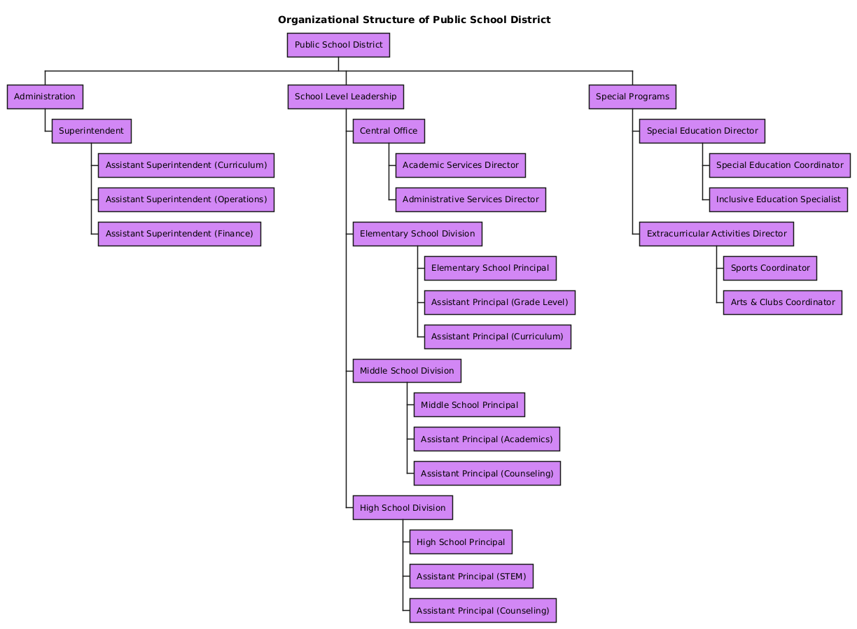 AI-generated organization chart visualizing the administrative and school-level leadership structure of a public school district, including Superintendent, Assistant Superintendents, school principals, and special programs.