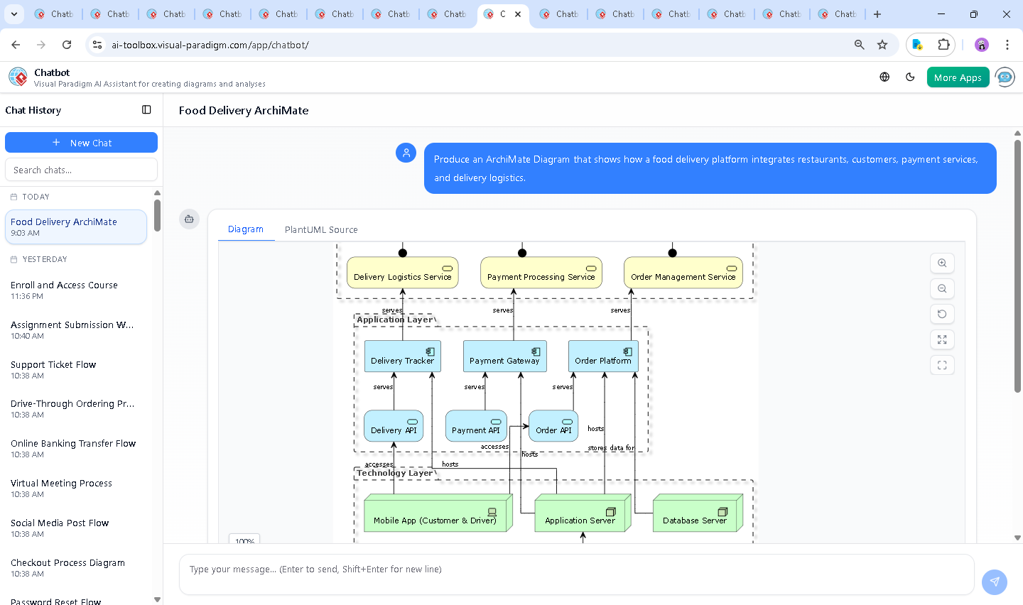 Screenshot of the Visual Paradigm AI Chatbot interface during the conversation, showing real-time diagram generation and iterative refinement of the food delivery platform architecture.