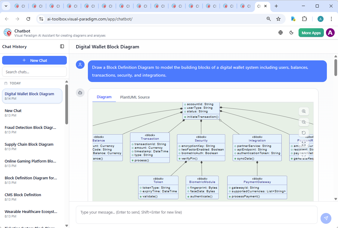Screenshot of the Visual Paradigm AI Chatbot interface showing a live conversation where the user requests a SysML Block Definition Diagram, receives a detailed explanation, and explores further modeling options.