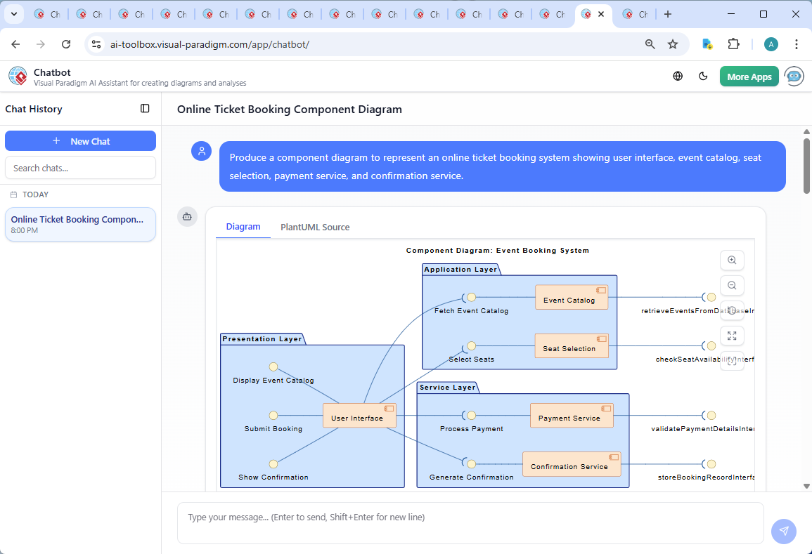Screenshot of the Visual Paradigm AI Chatbot interface during a conversation about the event booking system, showing natural language input, diagram generation, and technical explanations.