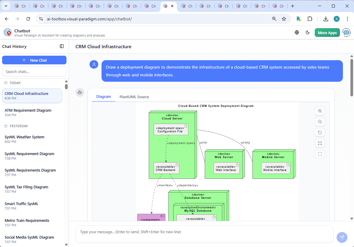 Screenshot of the Visual Paradigm AI Chatbot interface during a conversation about the CRM system’s deployment, showing user prompts and AI-generated responses with technical insights.