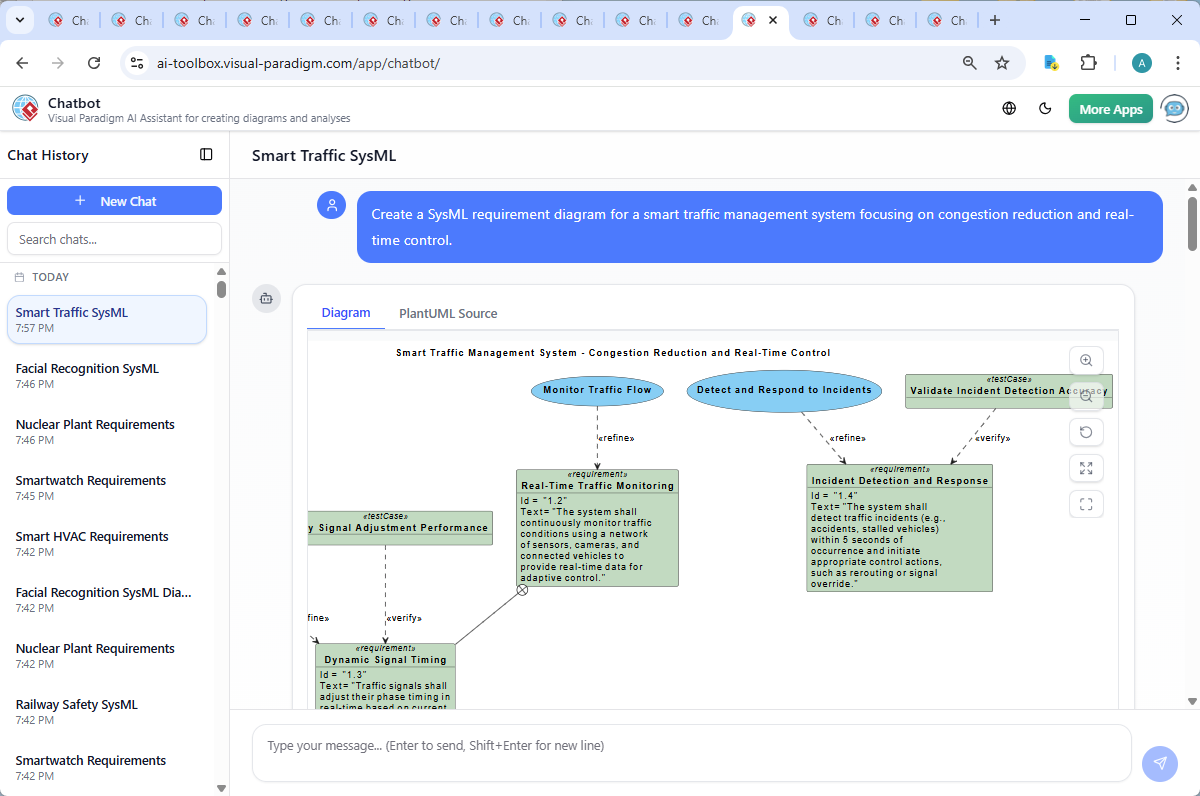 Screenshot of the Visual Paradigm AI Chatbot interface showing a live conversation where the user requests a SysML requirement diagram and receives a detailed explanation with structured feedback and design insights.
