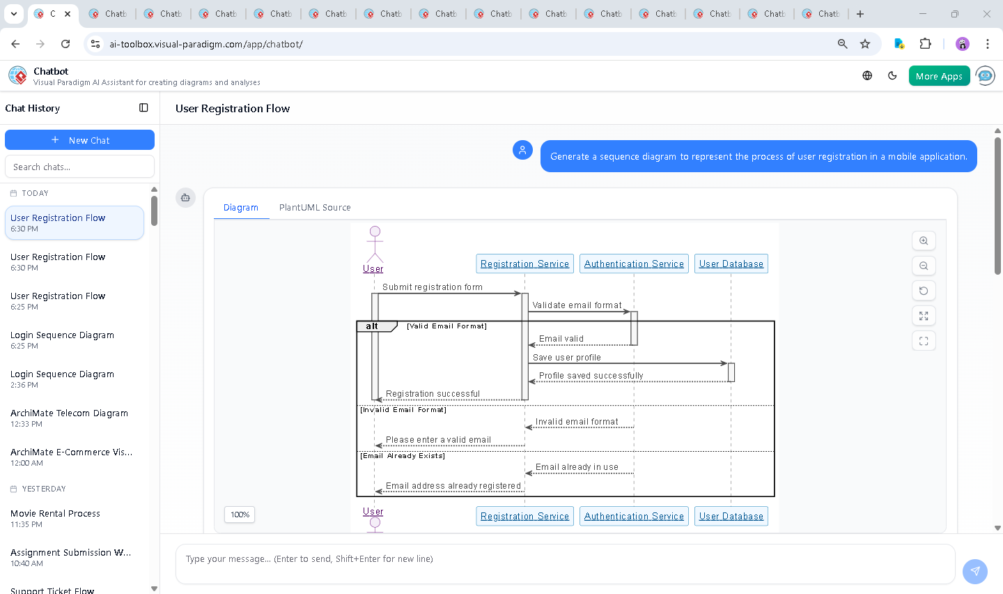 Screenshot of the Visual Paradigm AI Chatbot interface showing the conversational flow between the user and the AI, including the initial request and subsequent refinement for password validation.