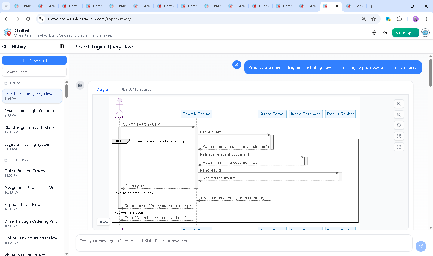 Screenshot of the Visual Paradigm AI Chatbot interface showing a conversation about a search engine sequence diagram, with message history and diagram preview.