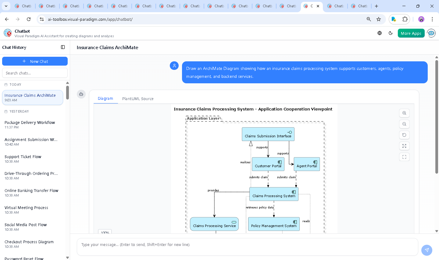 Screenshot of the Visual Paradigm AI Chatbot interface showing the conversation history and real-time diagram generation for the insurance claims system.