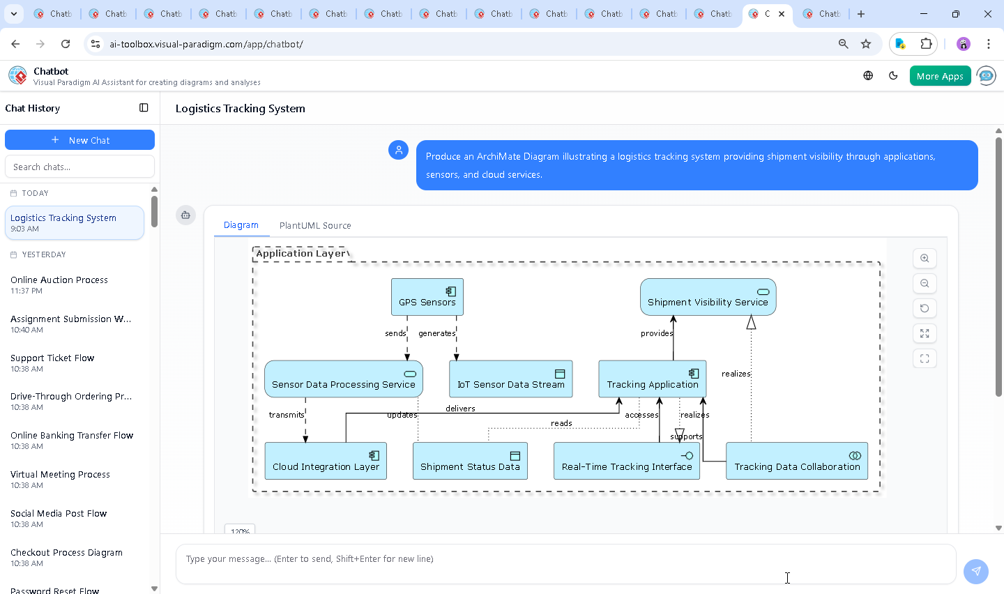 Screenshot of the Visual Paradigm AI Chatbot interface showing a live conversation about logistics tracking architecture.