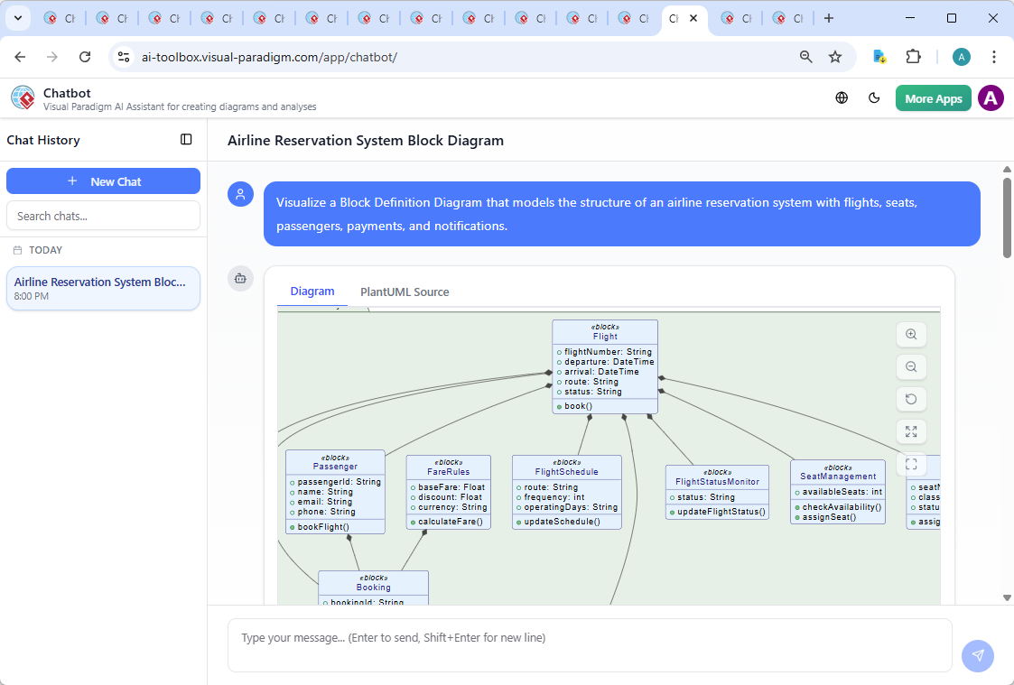Screenshot of the Visual Paradigm AI Chatbot interface showing a conversation about the airline reservation system, including a request for explanation and a follow-up response with system logic.
