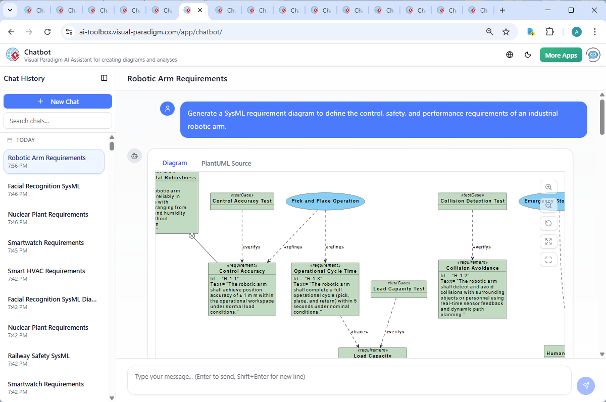 Screenshot of the Visual Paradigm AI Chatbot interface showing a live conversation about robotic arm safety requirements, including real-time diagram updates and technical explanations.
