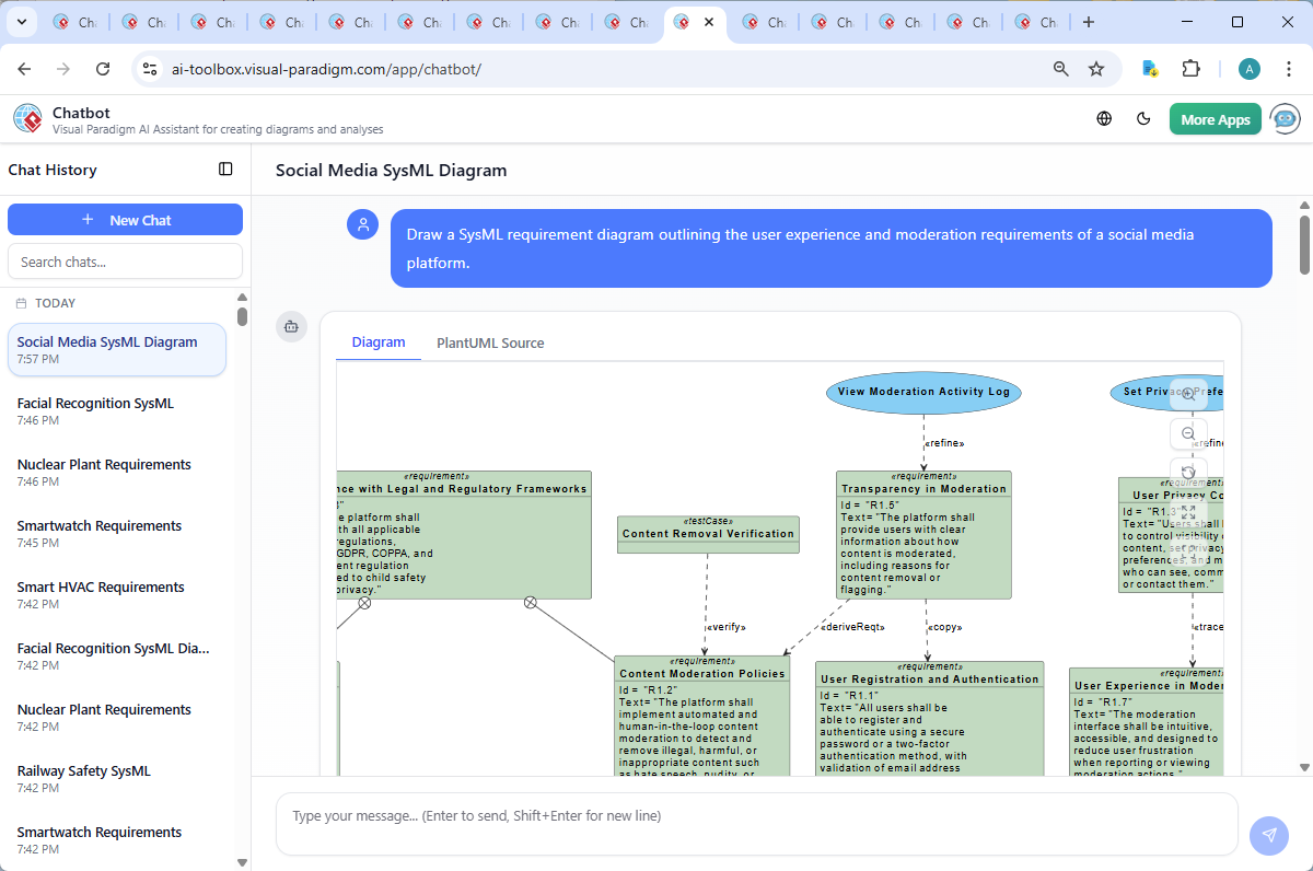 Screenshot of the Visual Paradigm AI Chatbot interface showing a live conversation where the user requests a SysML diagram and receives a detailed, interactive explanation with diagram generation and refinement.
