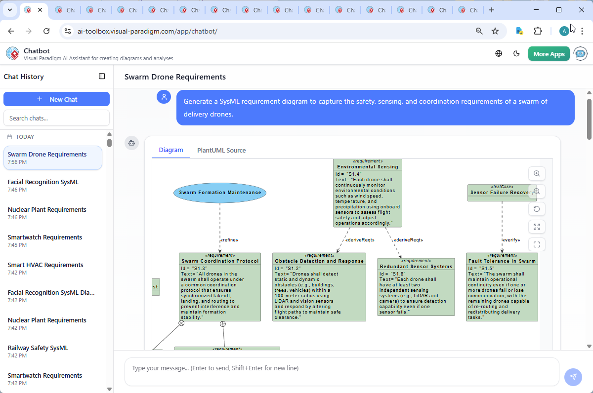 Screenshot of the Visual Paradigm AI Chatbot interface showing a live conversation about drone swarm requirements, including sensor recommendations and diagram refinement.