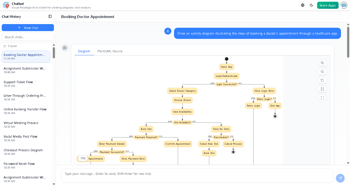 Screenshot of the interactive activity diagram for a healthcare app's appointment booking process, displayed in the Visual Paradigm AI Chatbot interface with swimlanes, conditional logic, and color-coded elements for clarity.