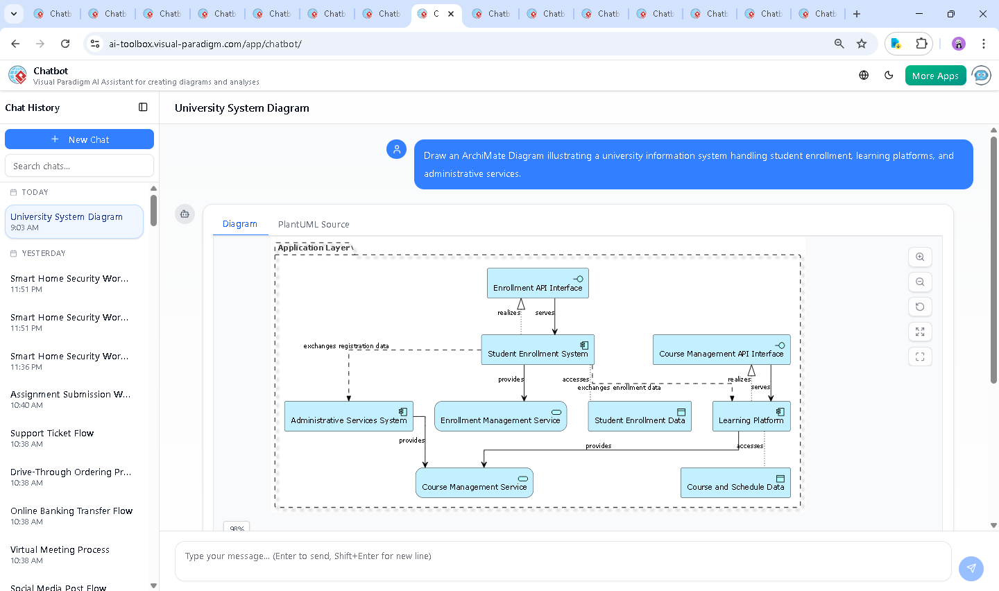 Screenshot of the Visual Paradigm AI Chatbot interface showing a live conversation about the university information system, including diagram generation and refinement.