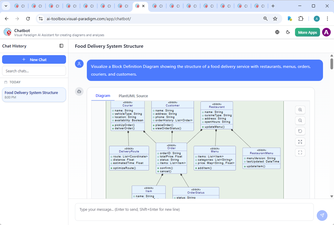 Screenshot of the Visual Paradigm AI Chatbot interface showing the conversation history, diagram generation, and real-time model refinement for the food delivery service.