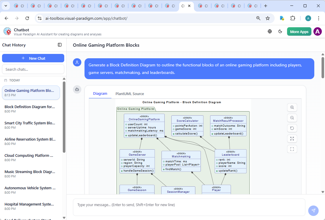 Screenshot of the Visual Paradigm AI Chatbot interface showing a real-time conversation about the online gaming platform's Block Definition Diagram, including follow-up questions and diagram refinements.