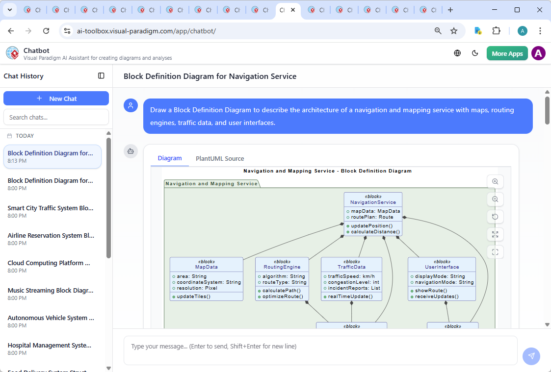 Screenshot of the Visual Paradigm AI Chatbot interface showing a conversation about a navigation system architecture, including the user's prompt and the AI's detailed response with diagram explanation.