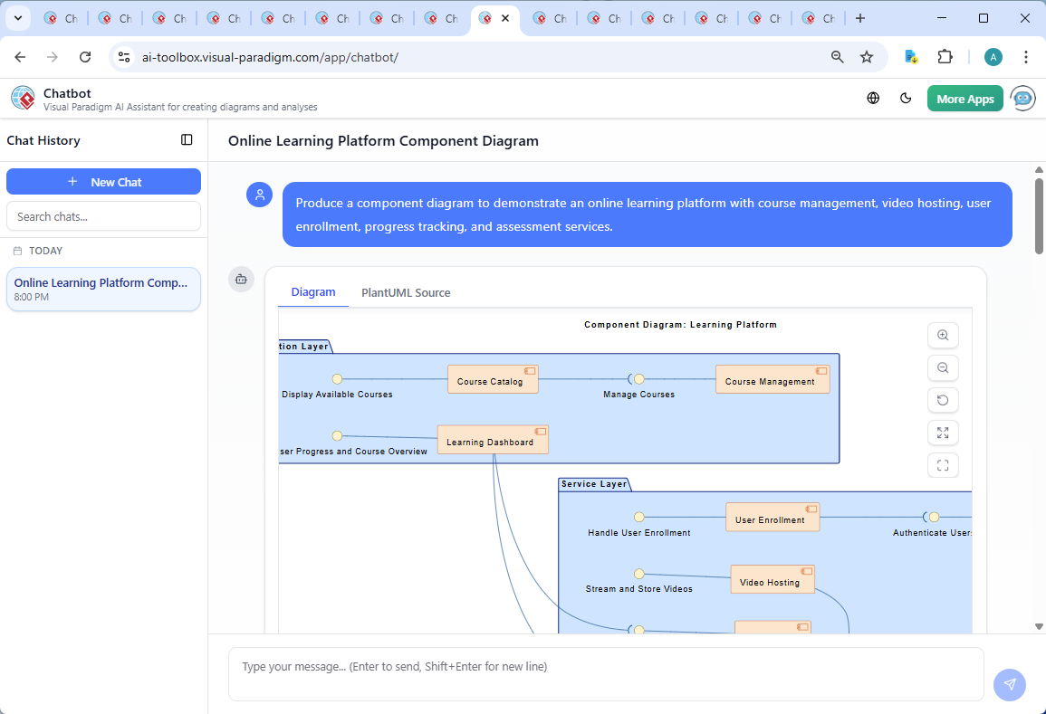 Screenshot of the Visual Paradigm AI Chatbot interface during the conversation, showing the user’s prompt and the AI’s response explaining the interaction between User Authentication and User Enrollment components.
