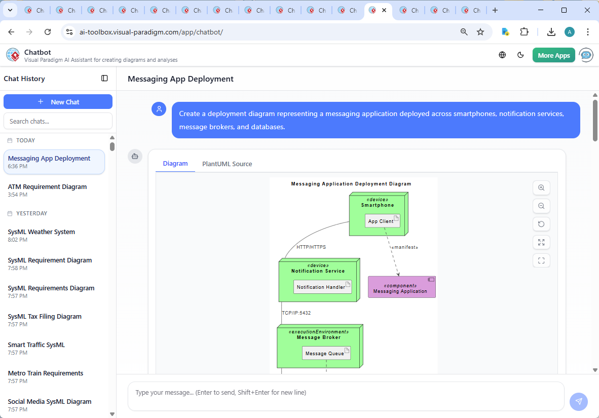 Screenshot of the Visual Paradigm AI Chatbot interface, showing the conversational flow between user and AI during the creation of a deployment diagram for a messaging app.