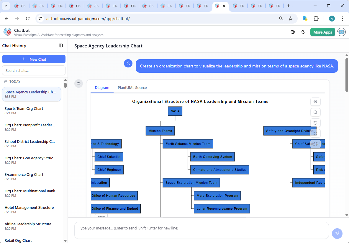 Screenshot of the Visual Paradigm AI Chatbot interface showing a conversation about the Chief Scientist role and real-time diagram refinement.