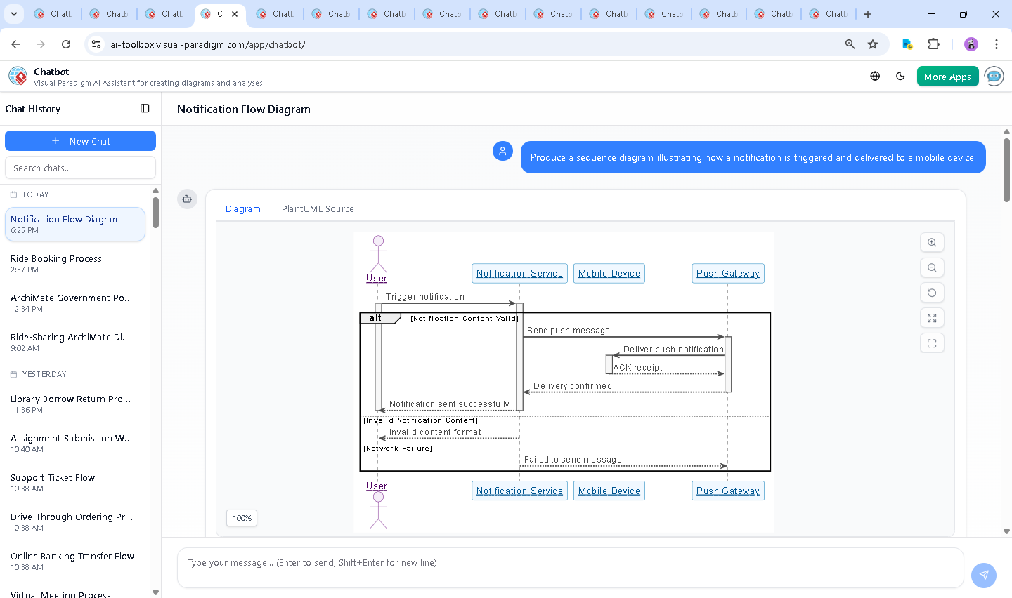 Screenshot of the Visual Paradigm AI Chatbot interface showing a conversation about notification validation and diagram refinement.