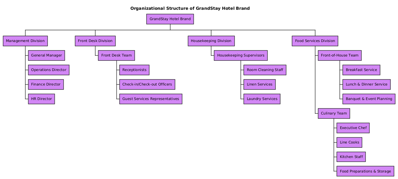 Visual representation of the GrandStay Hotel Brand's organizational structure, showing hierarchical divisions including Management, Front Desk, Housekeeping, and Food Services.